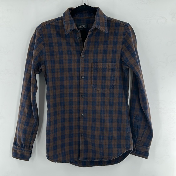 A.P.C Brown Blue Plaid Long Sleeve Button Down XS - Picture 1 of 5